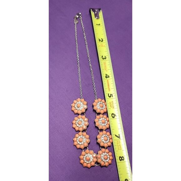 Premier Designs Coral Colored Flower Station Necklace, with clear rhinestones - Picture 7 of 9